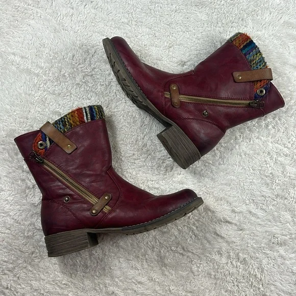 Rieker Amy 95891-35 burgandy sherpa fleece and yarn side zip boots, 40 or 8.5 - Picture 1 of 12